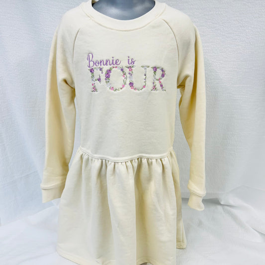 Personalised Children's Birthday Sweater Dress with Embroidered Name and Age, Floral Design