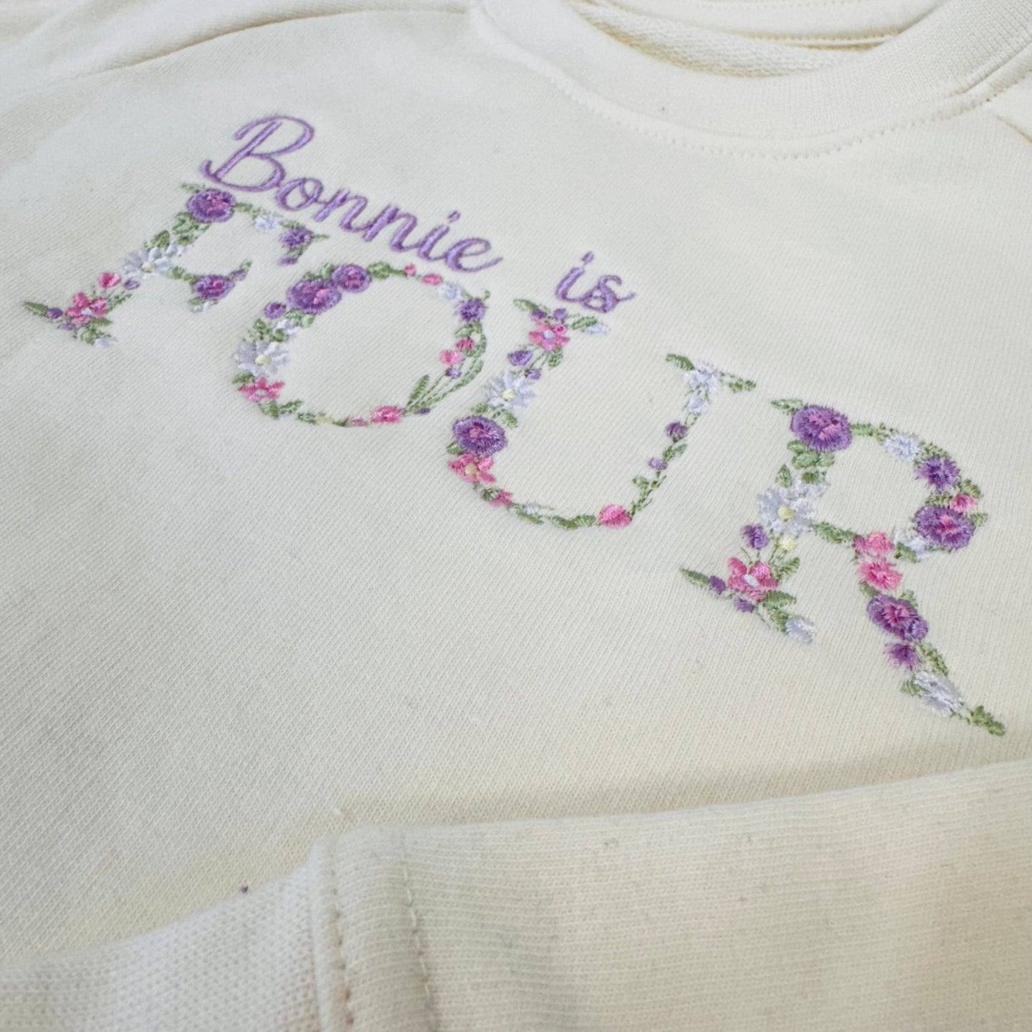 Personalised Children's Birthday Sweater Dress with Embroidered Name and Age, Floral Design