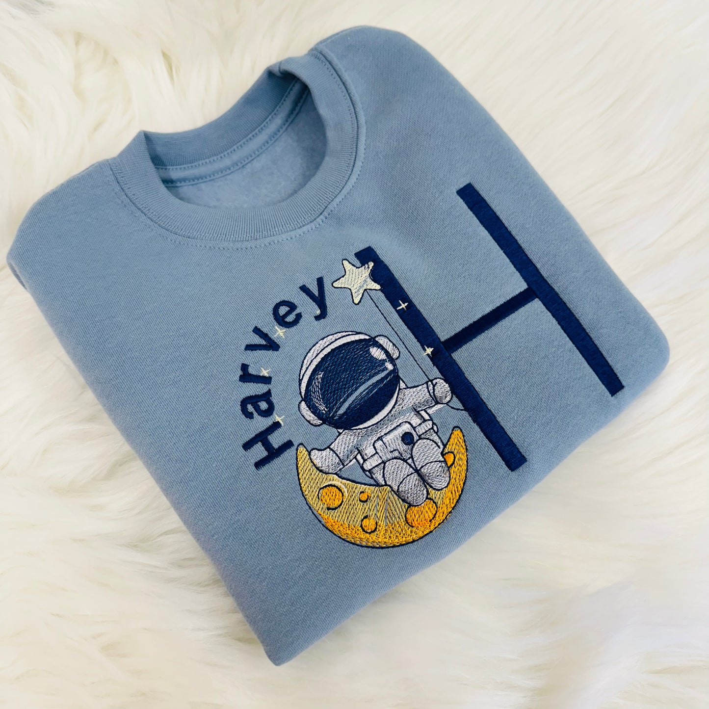 Astronaut and Moon Embroidered Sweater with Personalised Initial. Super Soft Jumper