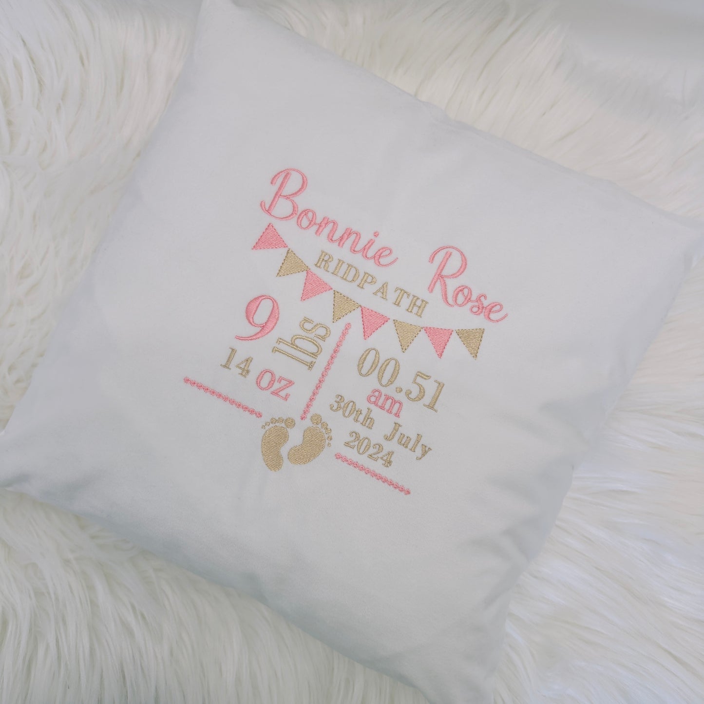 Personalised New Baby Birth Stats: Velvet Cushion Embroidered Keepsake
