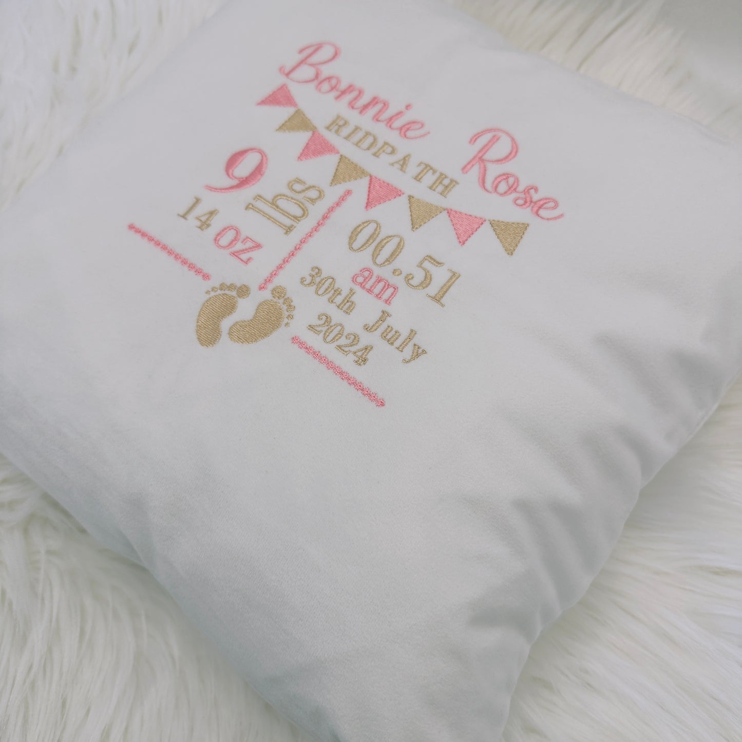 Personalised New Baby Birth Stats: Velvet Cushion Embroidered Keepsake