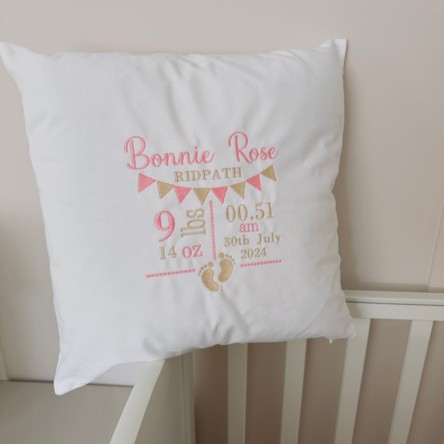 Personalised New Baby Birth Stats: Velvet Cushion Embroidered Keepsake