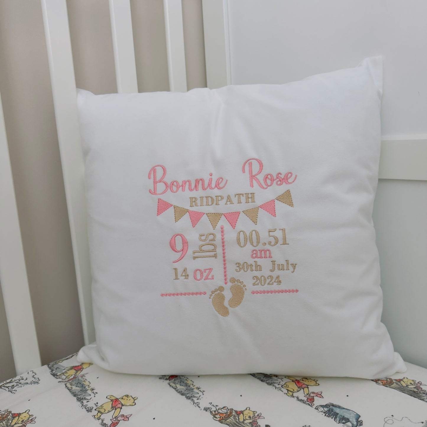 Personalised New Baby Birth Stats: Velvet Cushion Embroidered Keepsake