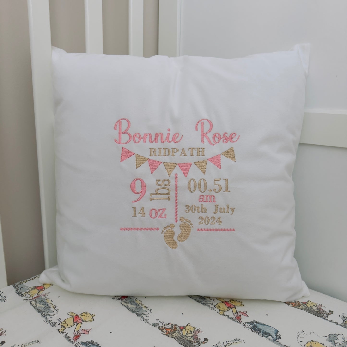 Personalised New Baby Birth Stats: Velvet Cushion Embroidered Keepsake
