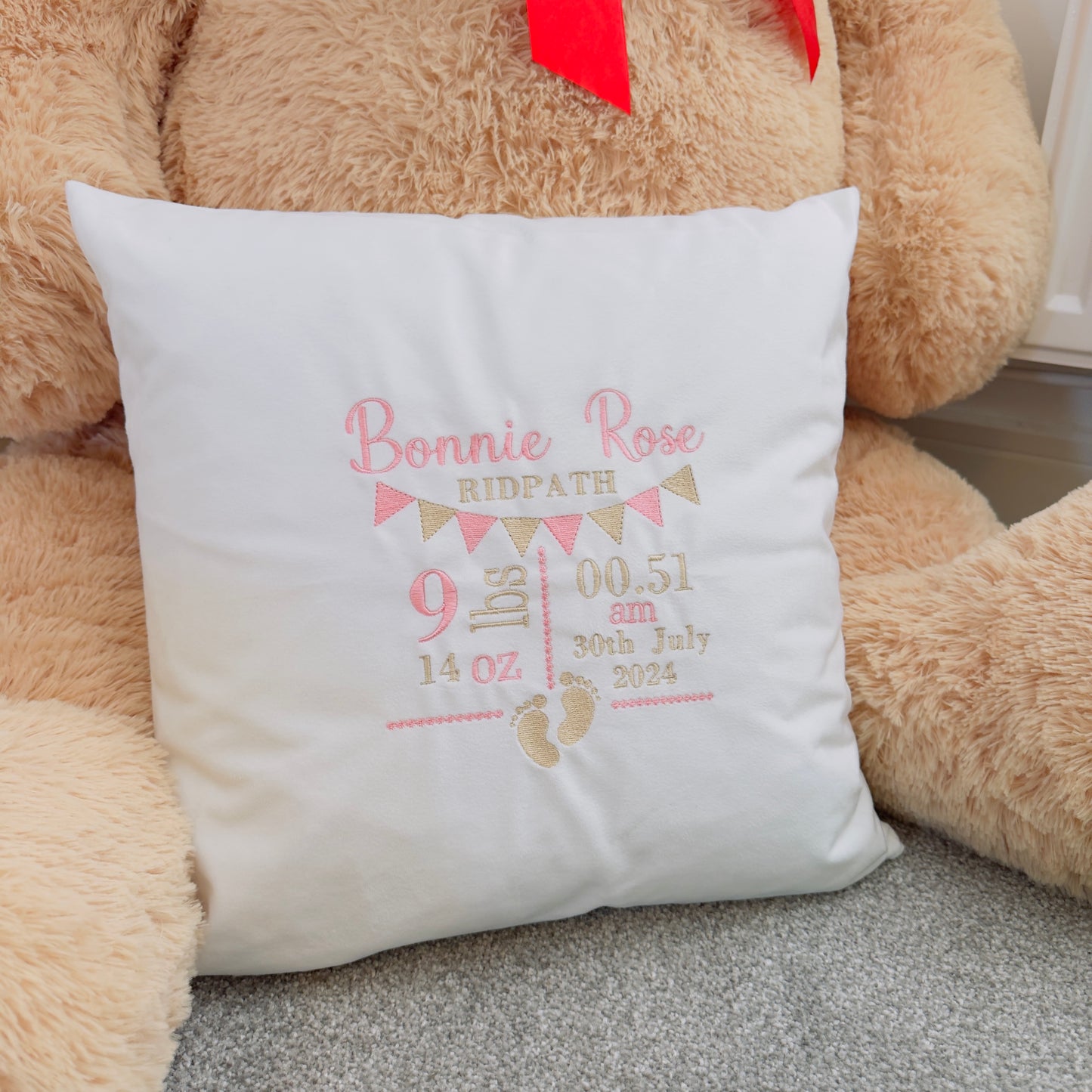 Personalised New Baby Birth Stats: Velvet Cushion Embroidered Keepsake