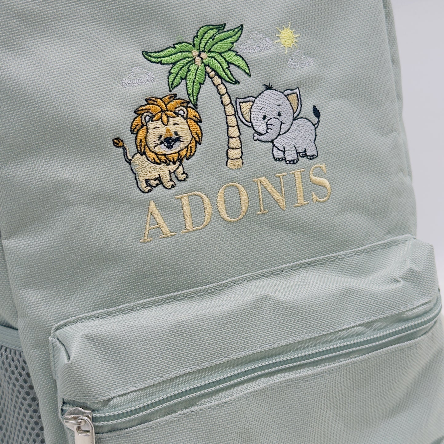 Children's Safari Embroidered Personalised Back Pack. School or Nursery Rucksack.