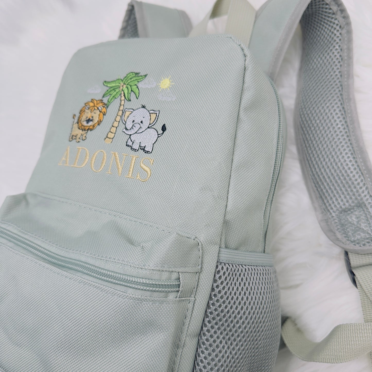 Children's Safari Embroidered Personalised Back Pack. School or Nursery Rucksack.