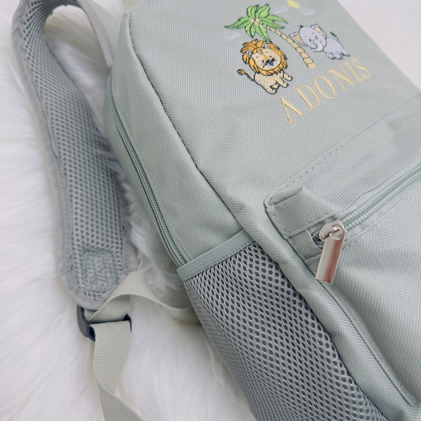 Children's Safari Embroidered Personalised Back Pack. School or Nursery Rucksack.
