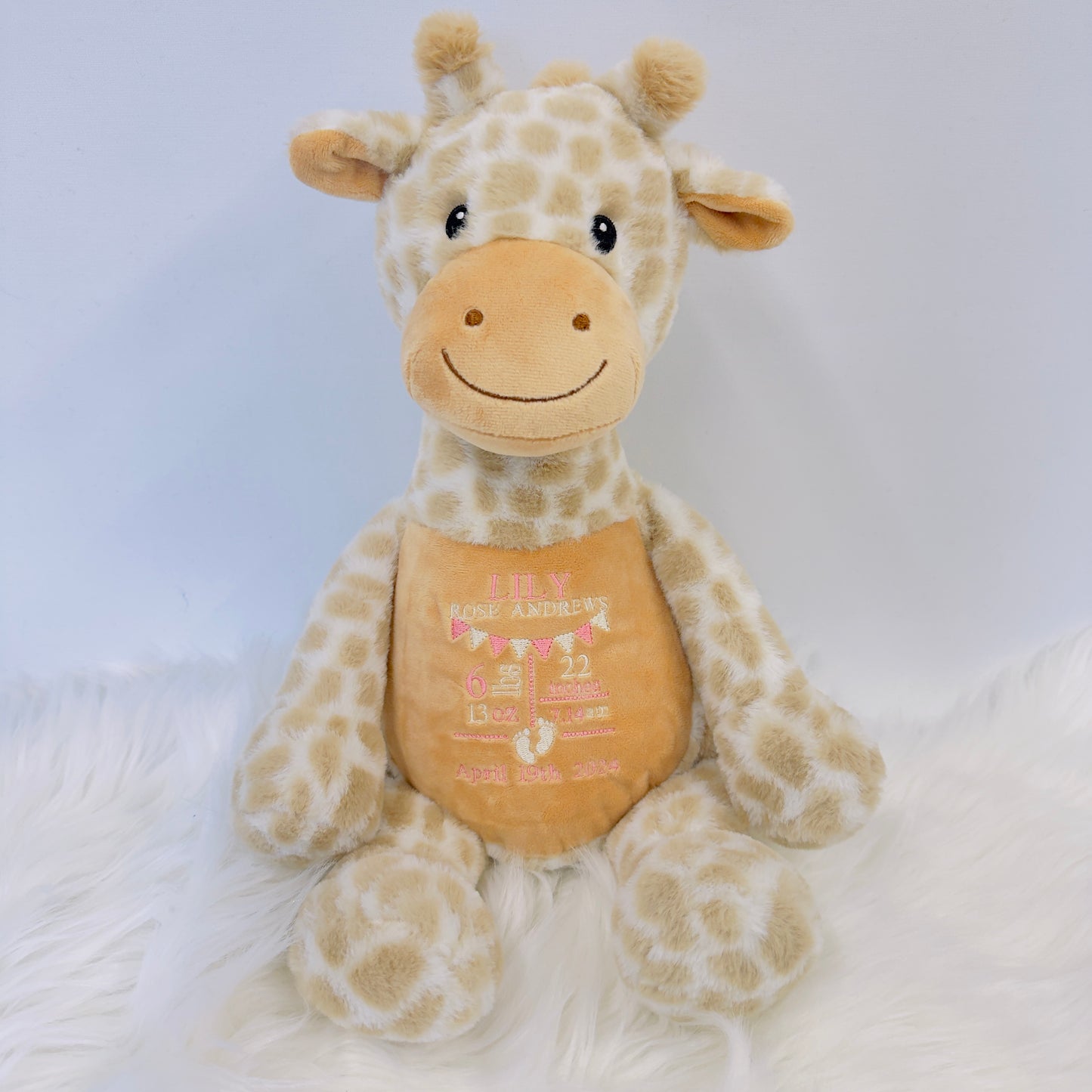 Adorable New Baby Birth Stat Teddy - Unique Embroidered Keepsake Giraffe, Monkey or Dinosaur
