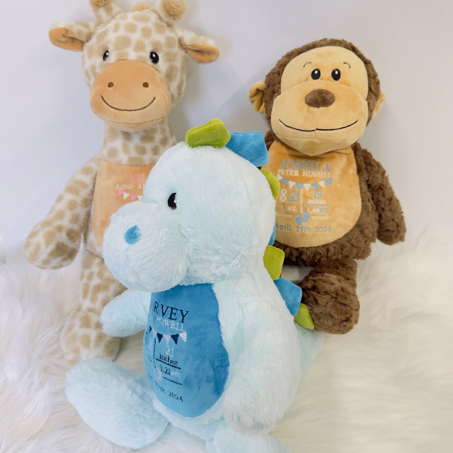 Adorable New Baby Birth Stat Teddy - Unique Embroidered Keepsake Giraffe, Monkey or Dinosaur