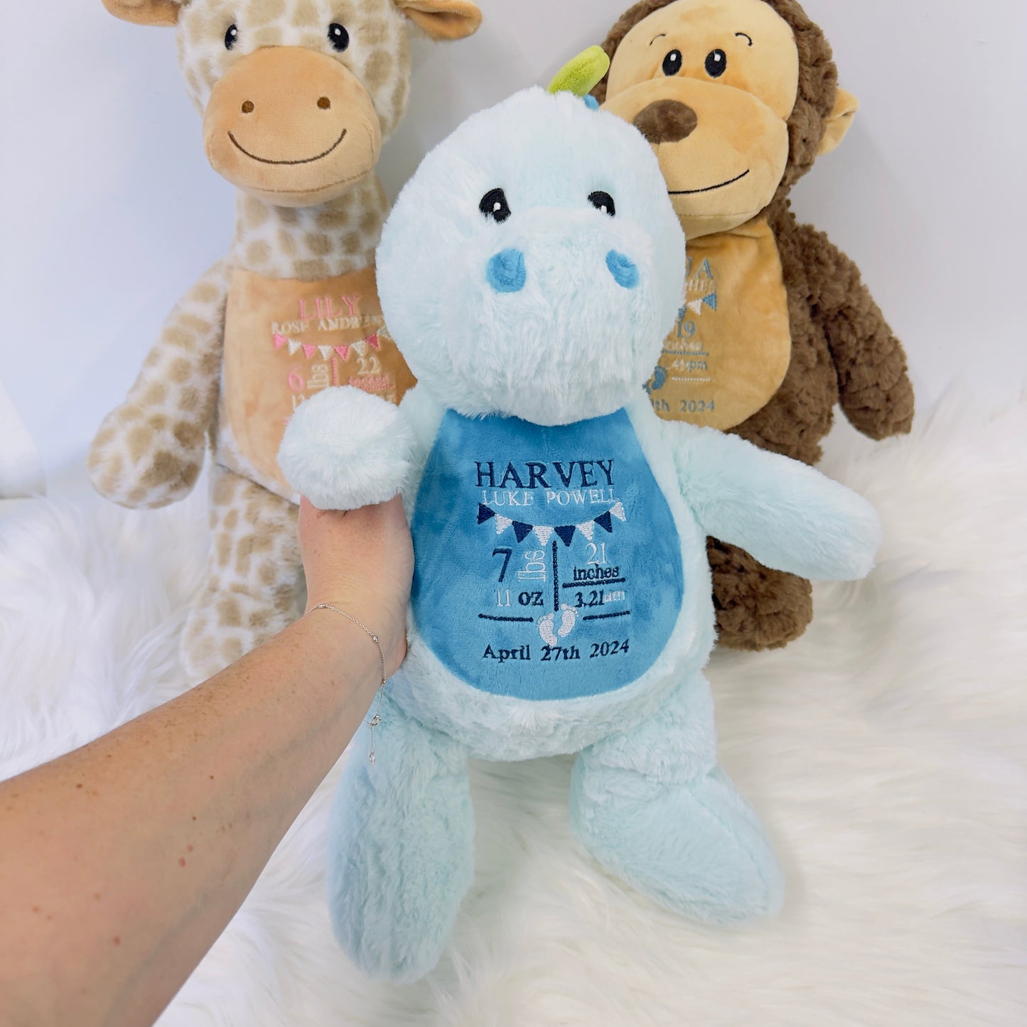 Adorable New Baby Birth Stat Teddy - Unique Embroidered Keepsake Giraffe, Monkey or Dinosaur