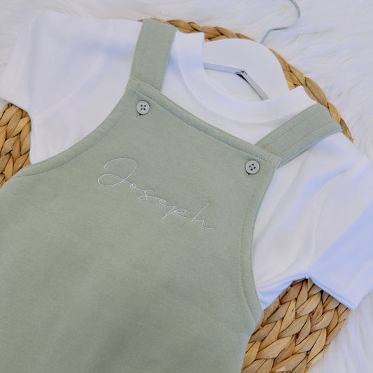 Custom Kids Dungarees and T-Shirt Outfit with Name Embroidery - Personalised Children's Gift