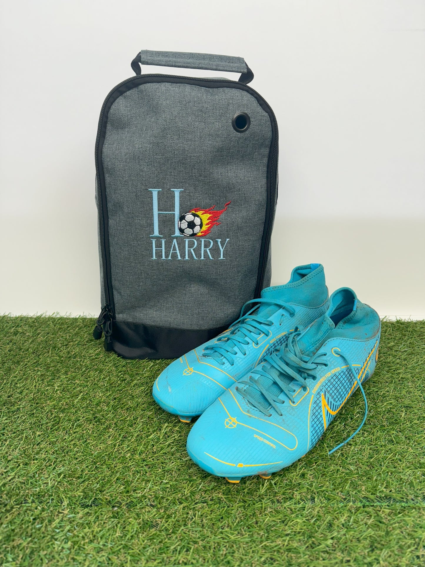Embroidered Football Boot Bag with Personalised Initial and Name | Burning Football Graphic | Easy-to-Clean Interior