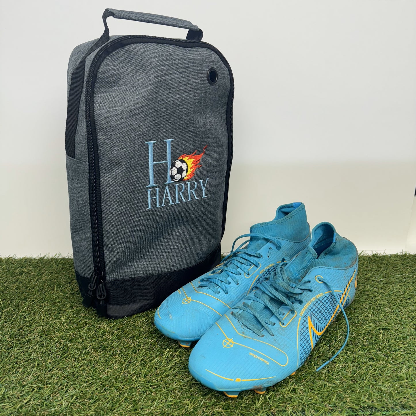Embroidered Football Boot Bag with Personalised Initial and Name | Burning Football Graphic | Easy-to-Clean Interior