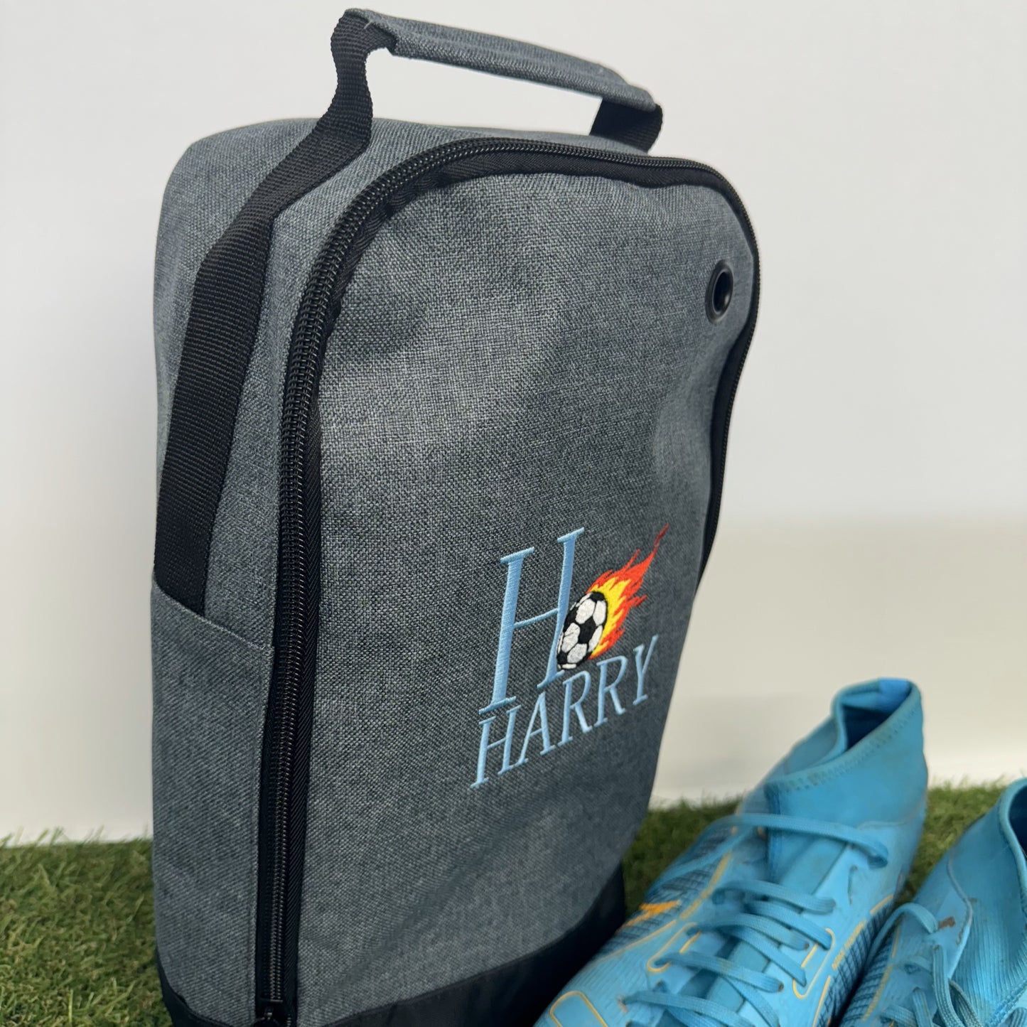 Embroidered Football Boot Bag with Personalised Initial and Name | Burning Football Graphic | Easy-to-Clean Interior