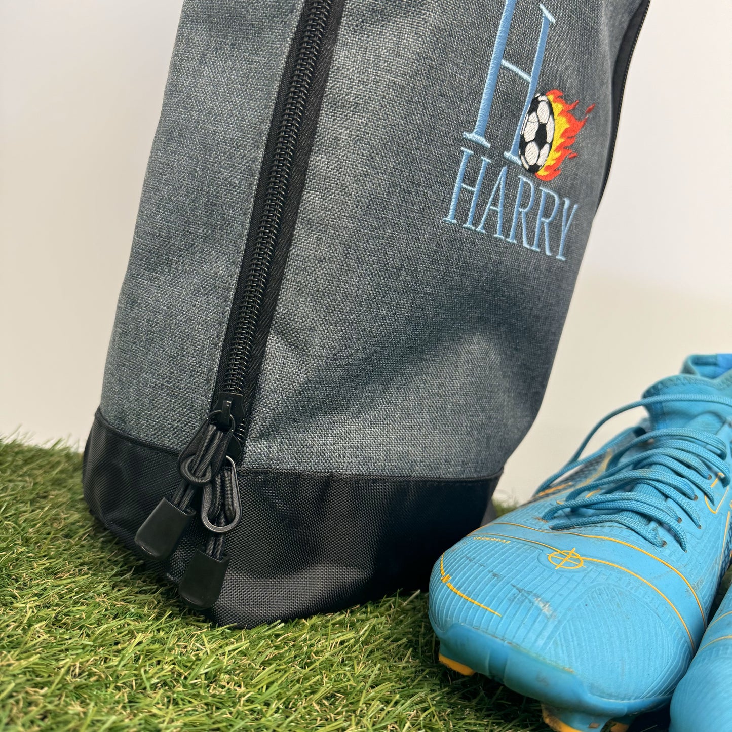 Embroidered Football Boot Bag with Personalised Initial and Name | Burning Football Graphic | Easy-to-Clean Interior