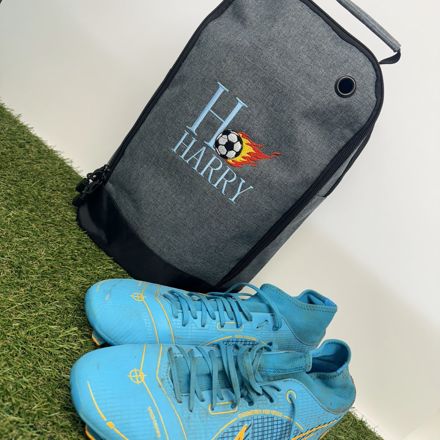 Embroidered Football Boot Bag with Personalised Initial and Name | Burning Football Graphic | Easy-to-Clean Interior