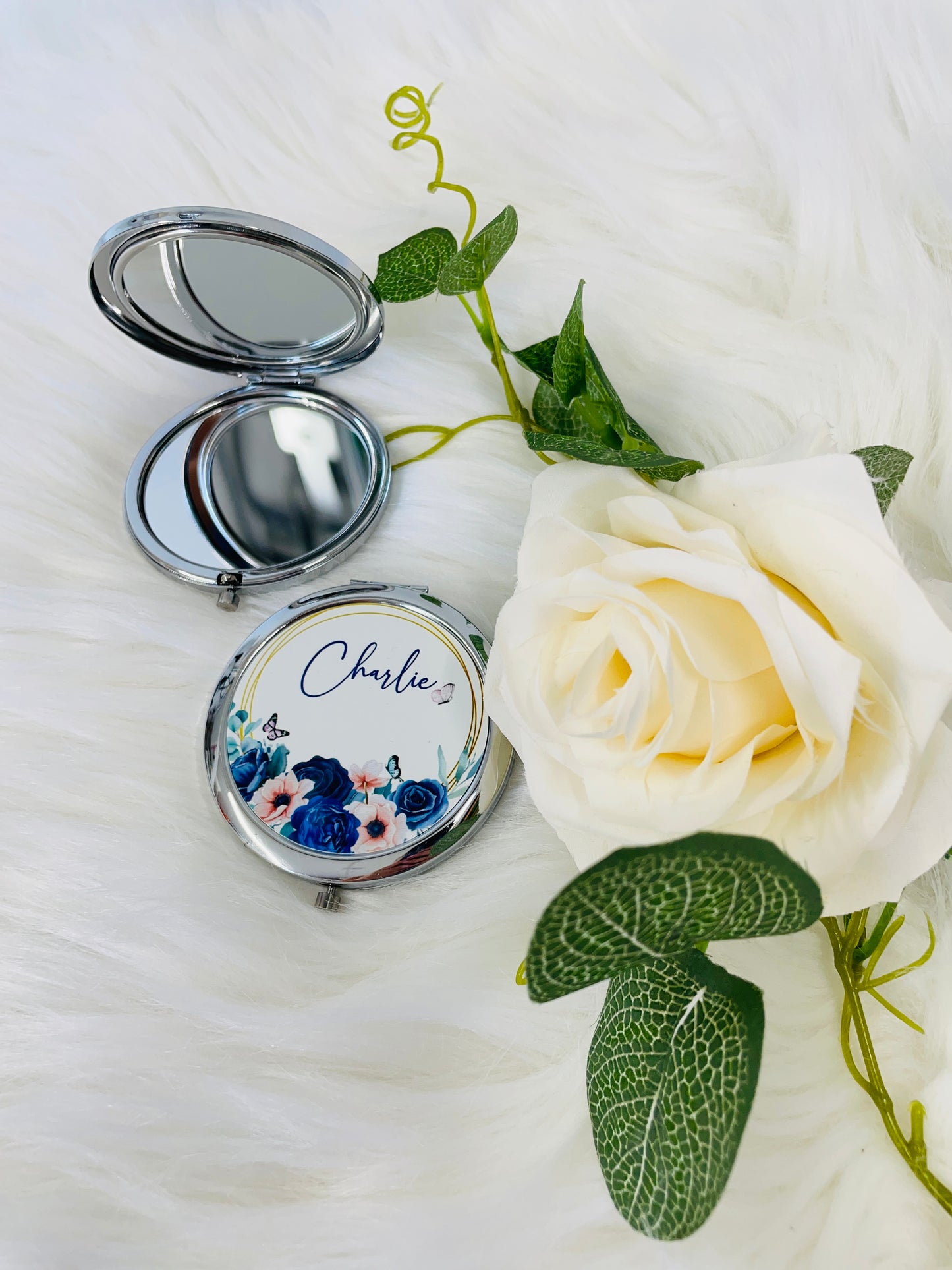 Custom Personalised Silver Compact Mirror with Navy Roses - Personalised Gift Idea