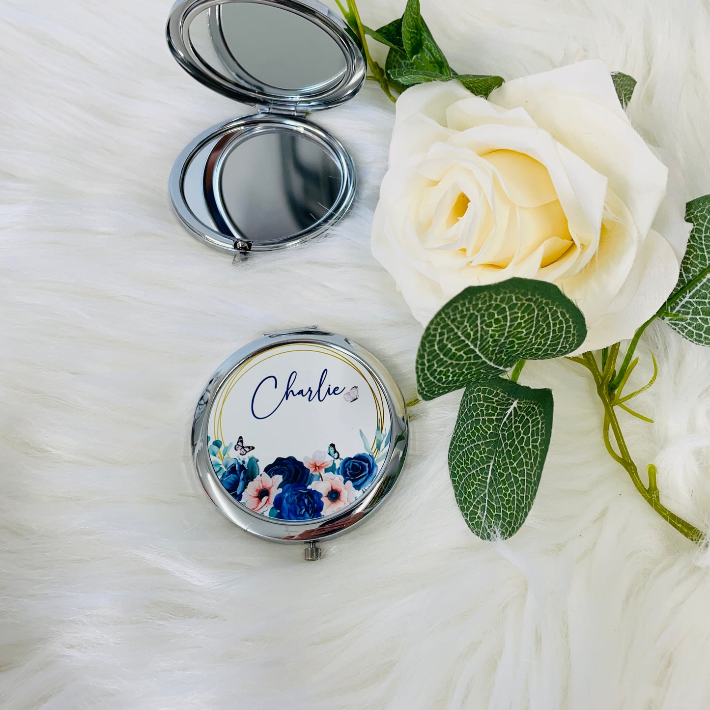 Custom Personalised Silver Compact Mirror with Navy Roses - Personalised Gift Idea