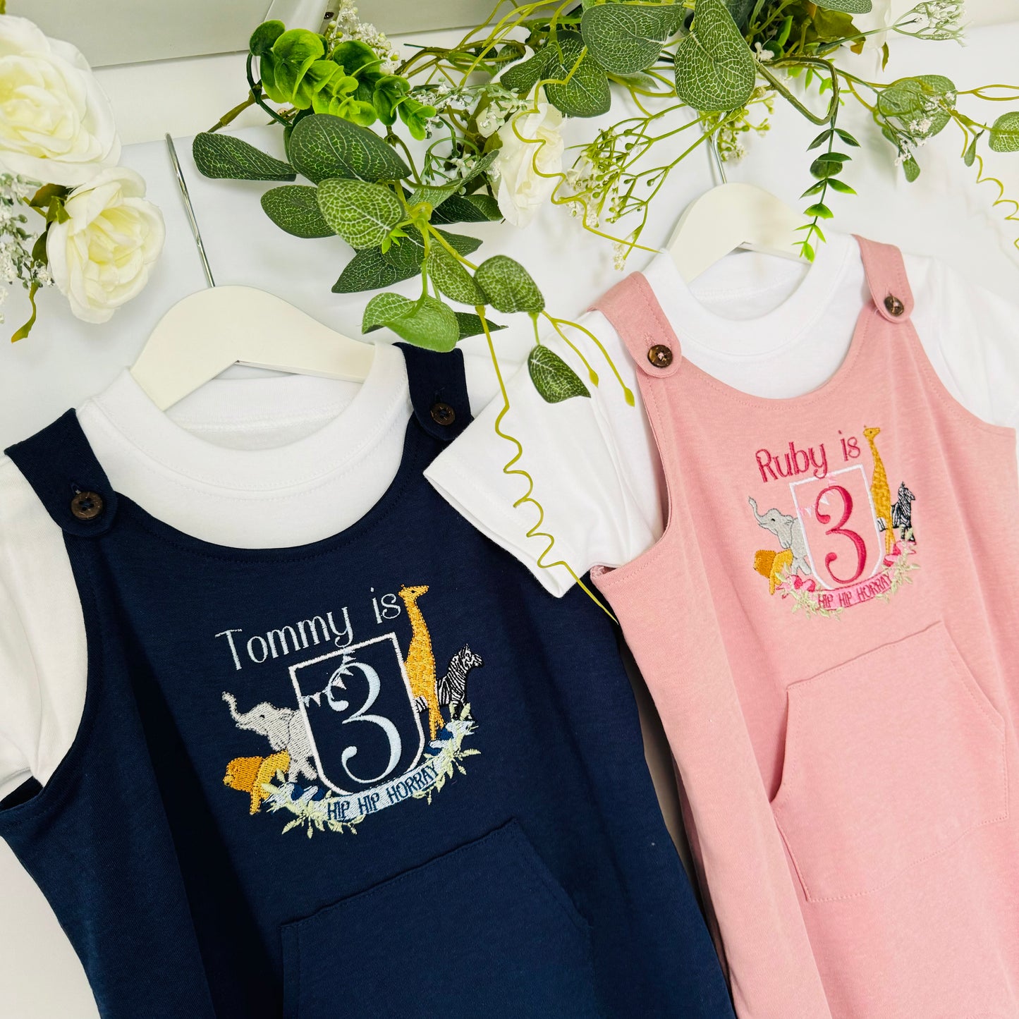 Children's Safari Embroidered Birthday Organic Cotton Dungaree Outfit T-Shirt Included