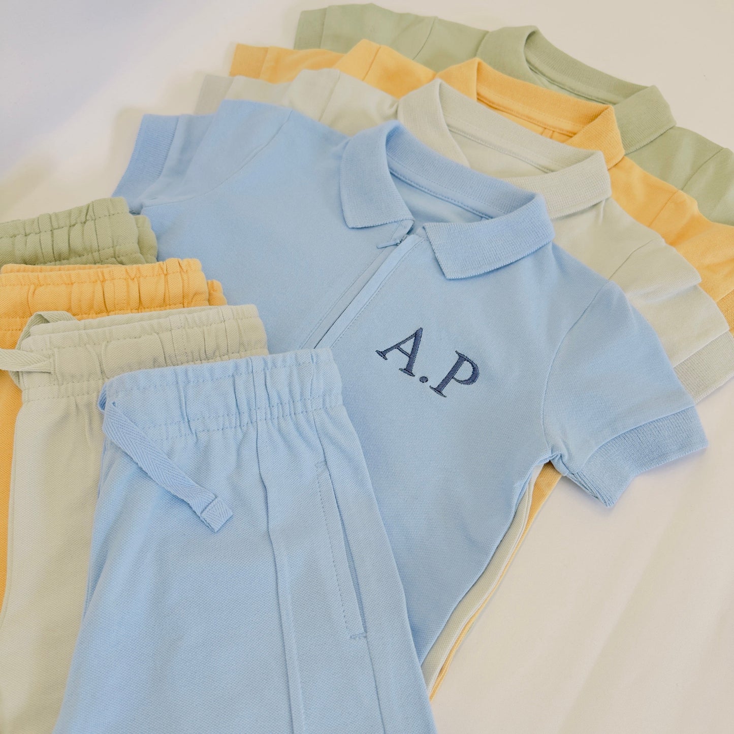 Personalised Boys Cotton Polo Shirt and Shorts Set with Initials Embroidered. Ages 6 months-10 years