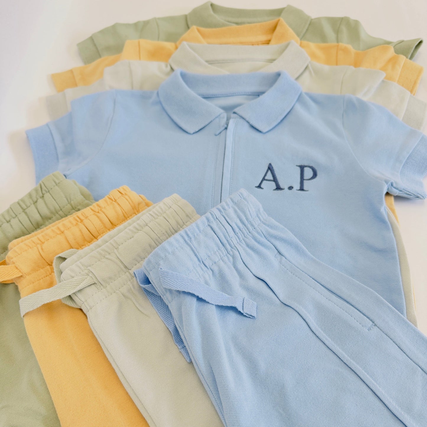Personalised Boys Cotton Polo Shirt and Shorts Set with Initials Embroidered. Ages 6 months-10 years