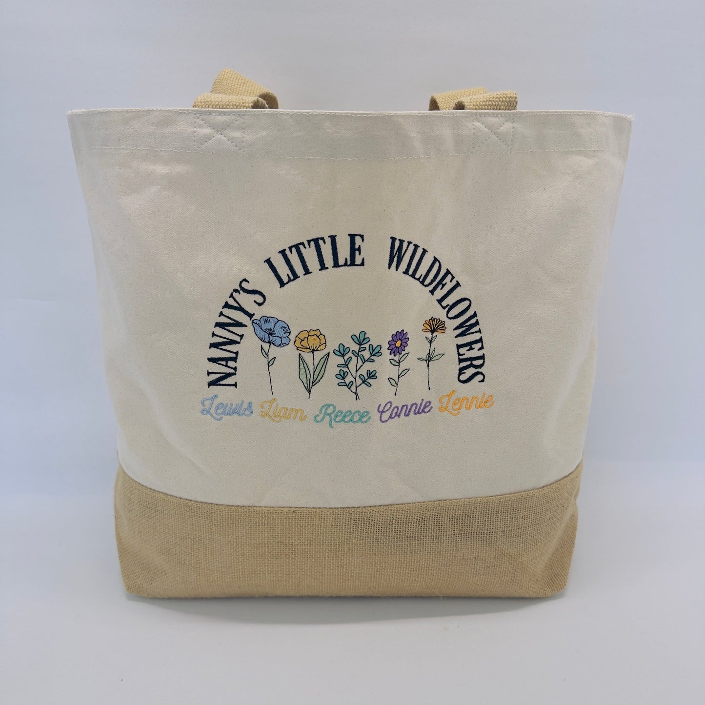 Nanny, Grandma, Granny Jute Shopping Bag With Wildflower Grandchildren Embroidery.