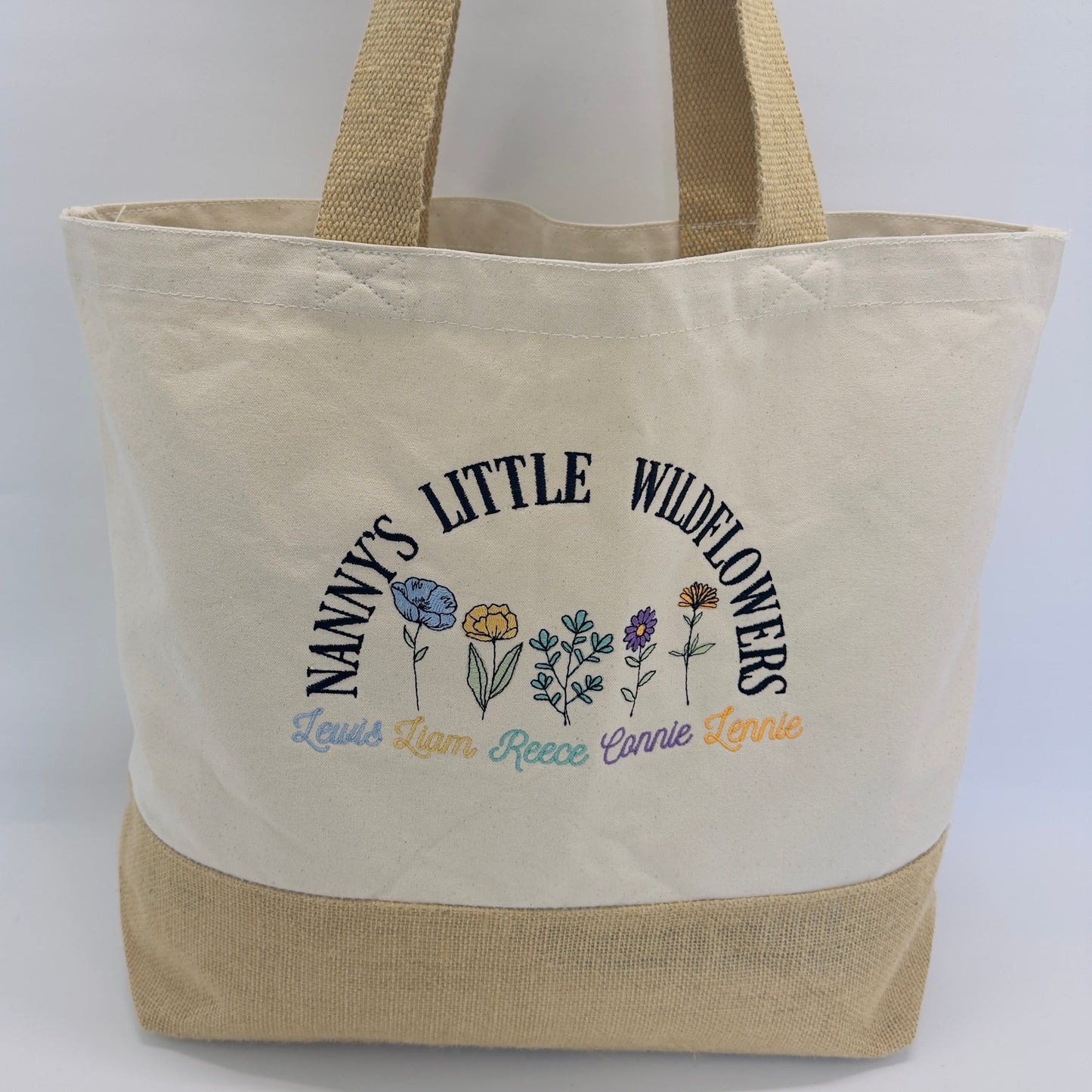Nanny, Grandma, Granny Jute Shopping Bag With Wildflower Grandchildren Embroidery.