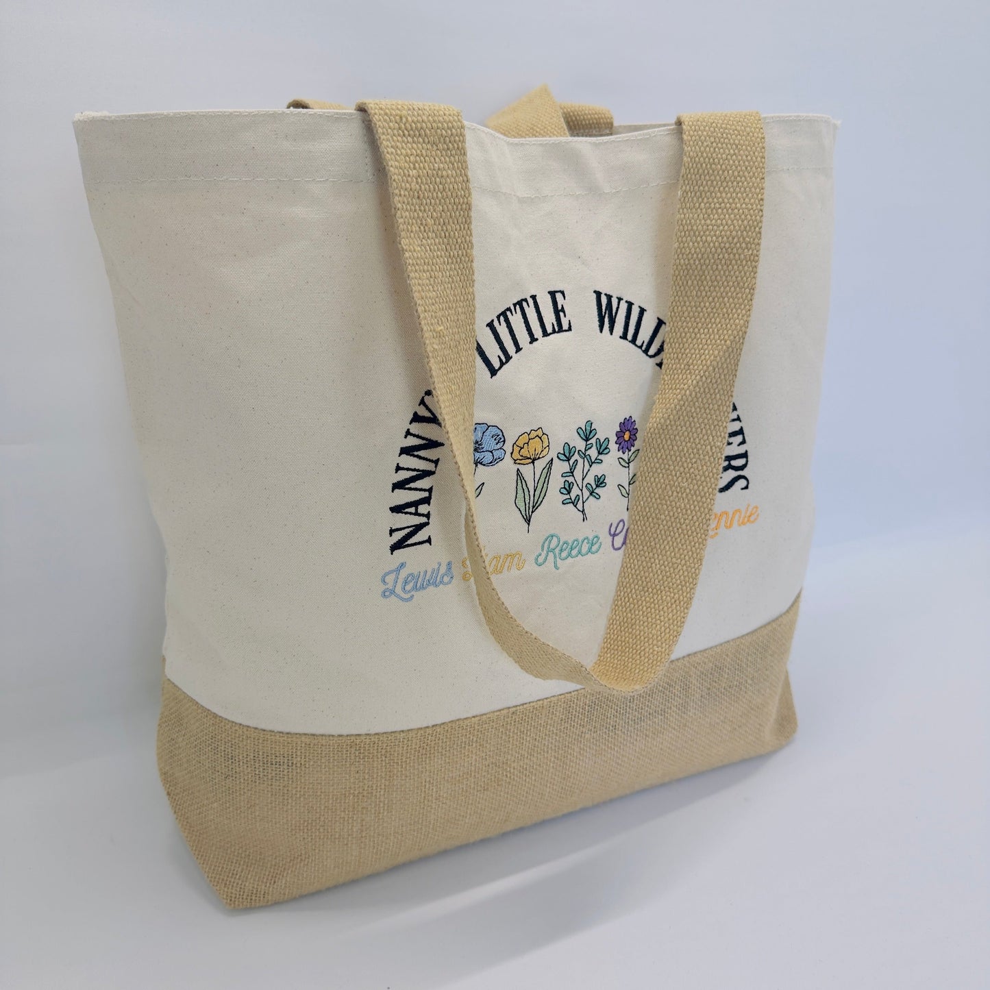 Nanny, Grandma, Granny Jute Shopping Bag With Wildflower Grandchildren Embroidery.