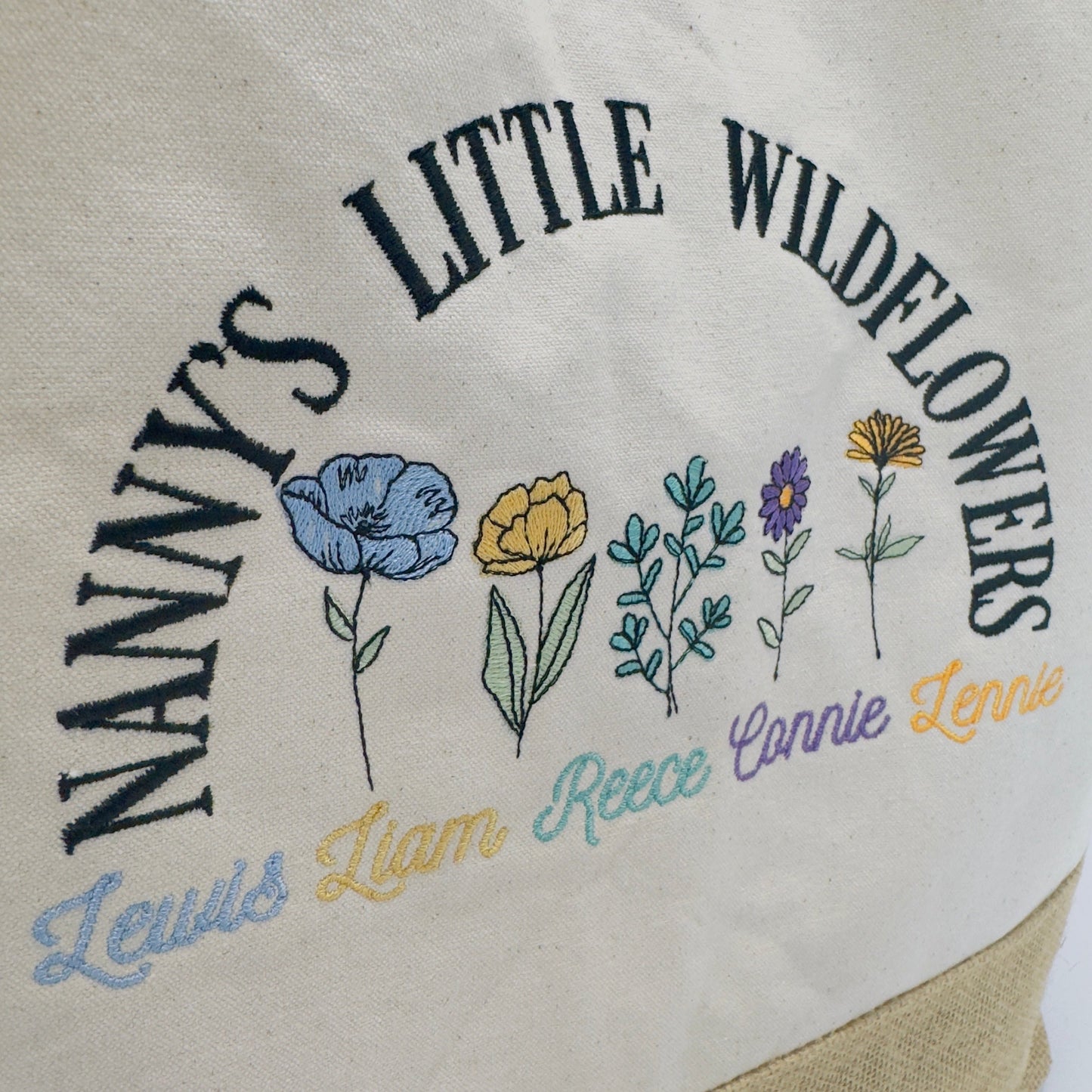 Nanny, Grandma, Granny Jute Shopping Bag With Wildflower Grandchildren Embroidery.