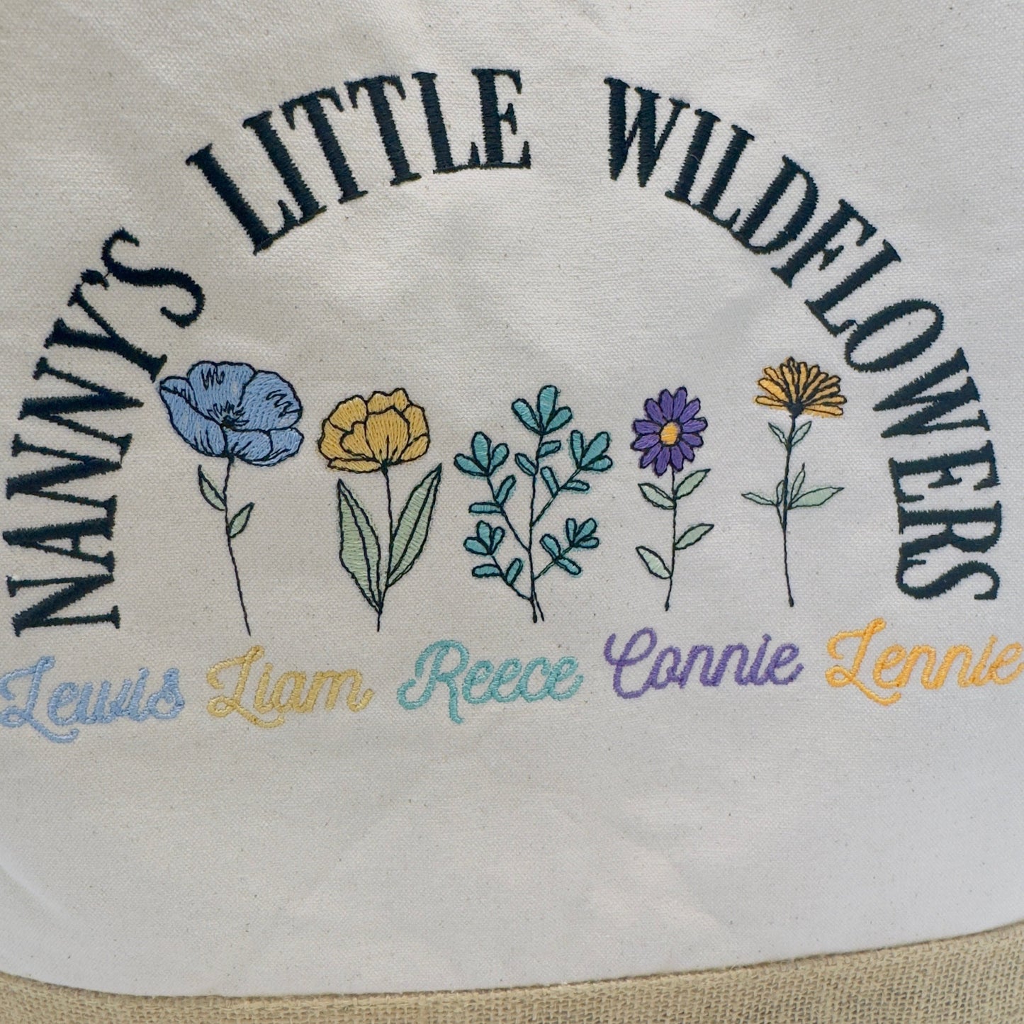 Nanny, Grandma, Granny Jute Shopping Bag With Wildflower Grandchildren Embroidery.