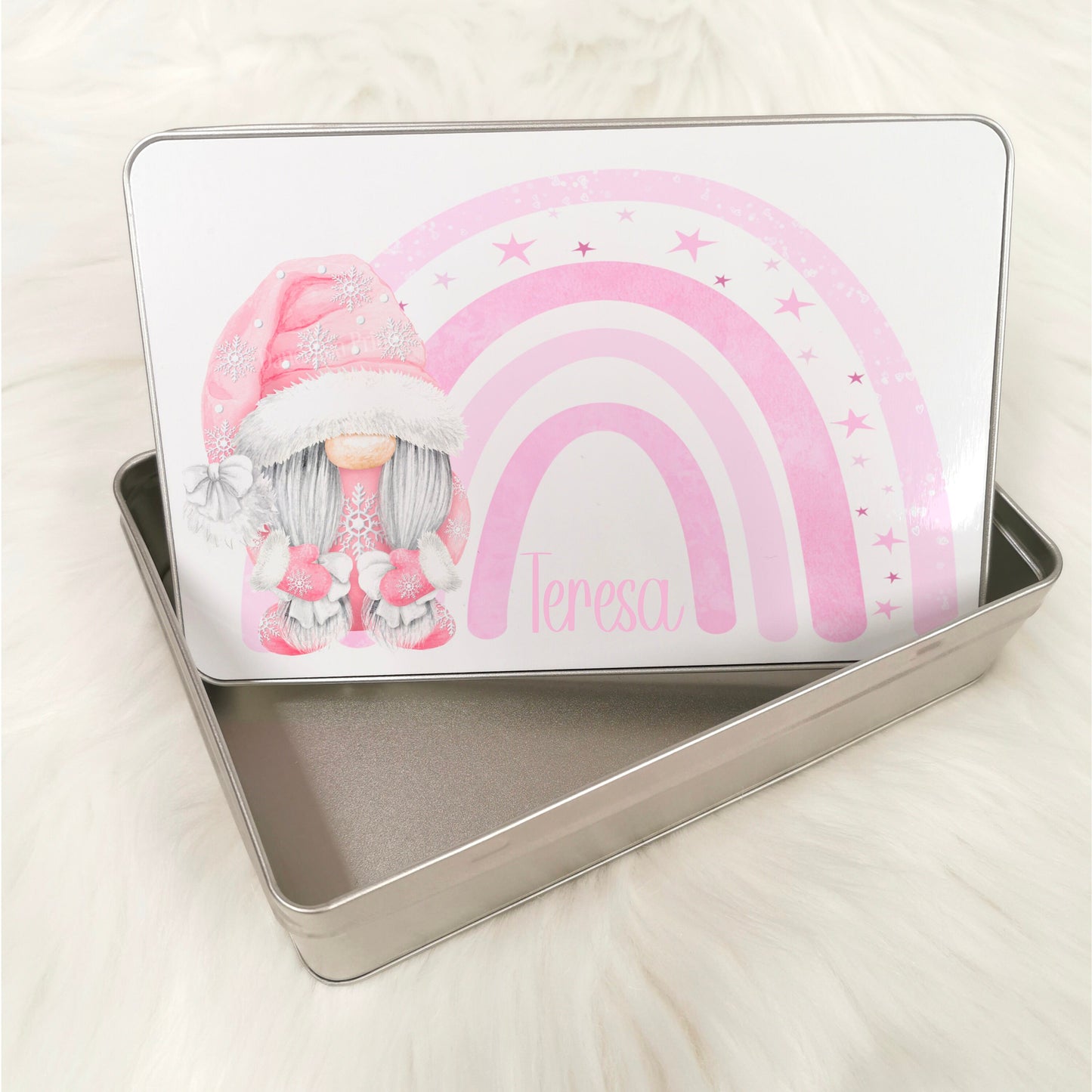 Pink Gonk Christmas Personalised Metal Tin - Accessories or Sweets Tin - Gift For Her