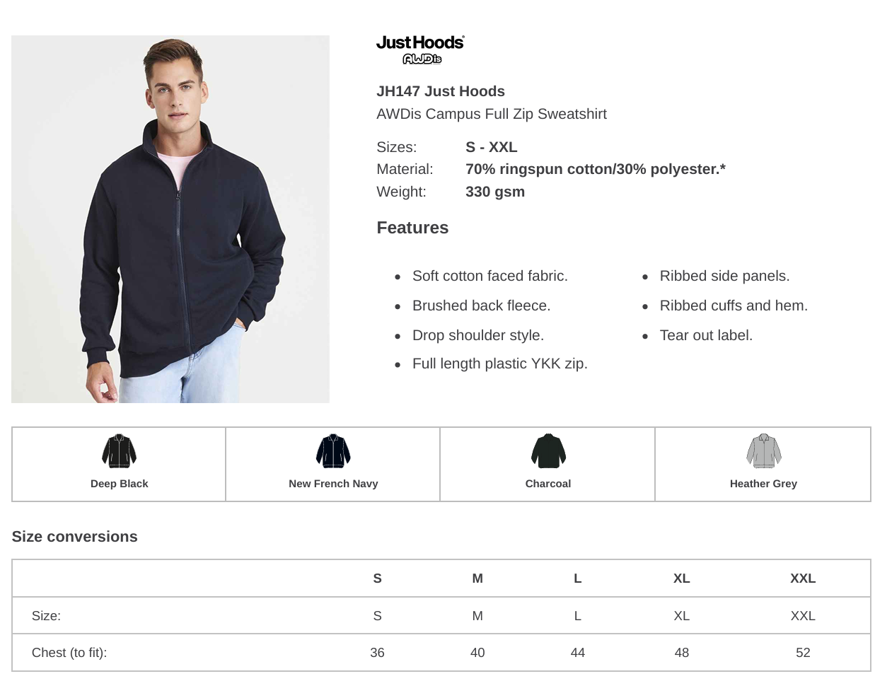 Men's AWDis Full Zip Sweat Jacket Embroidered or DTF Printed with Your Logo