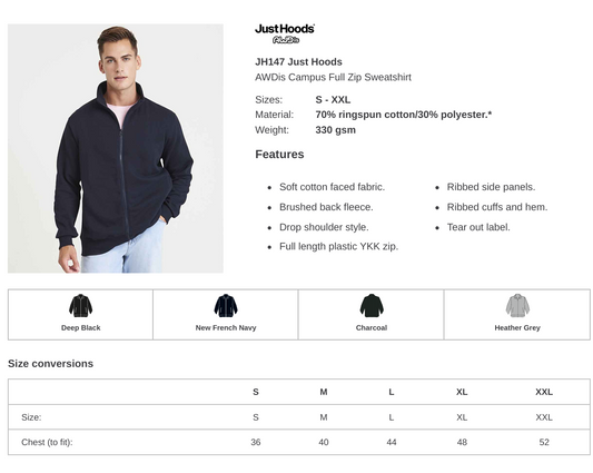 Men's AWDis Full Zip Sweat Jacket Embroidered or DTF Printed with Your Logo
