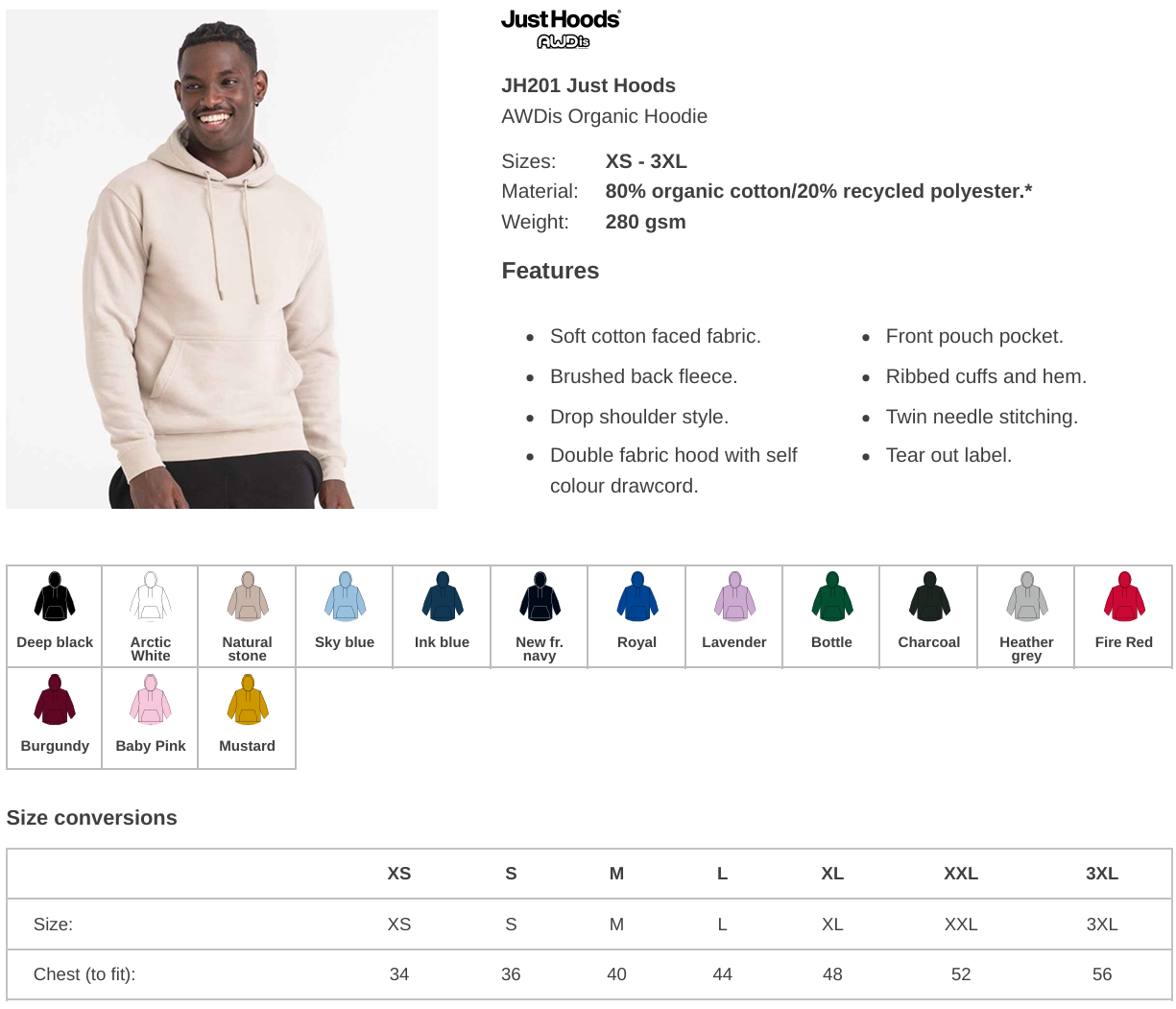 Unisex AWDis Organic Hoodie Embroidered Or Printed With Your Branding