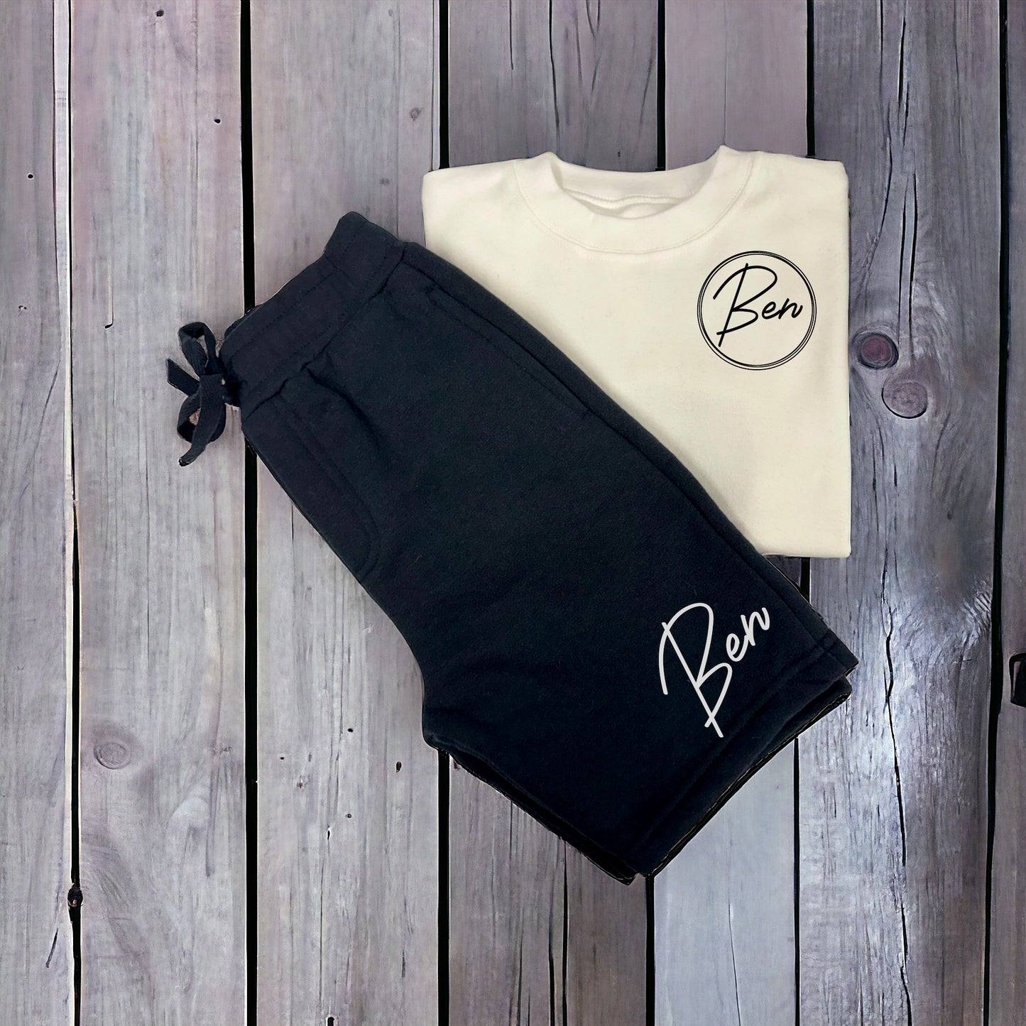 Unique Children's Matching Top and Fleece Shorts Set - Personalised Name Print within Layered Circle - Available in Black, Navy or Khaki!