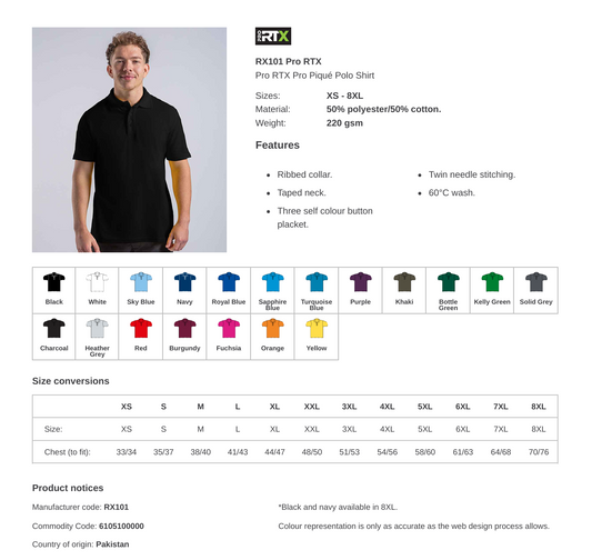 Men's Business Branded RTX Polo Shirts. Variety Of Colours and Sizes Available