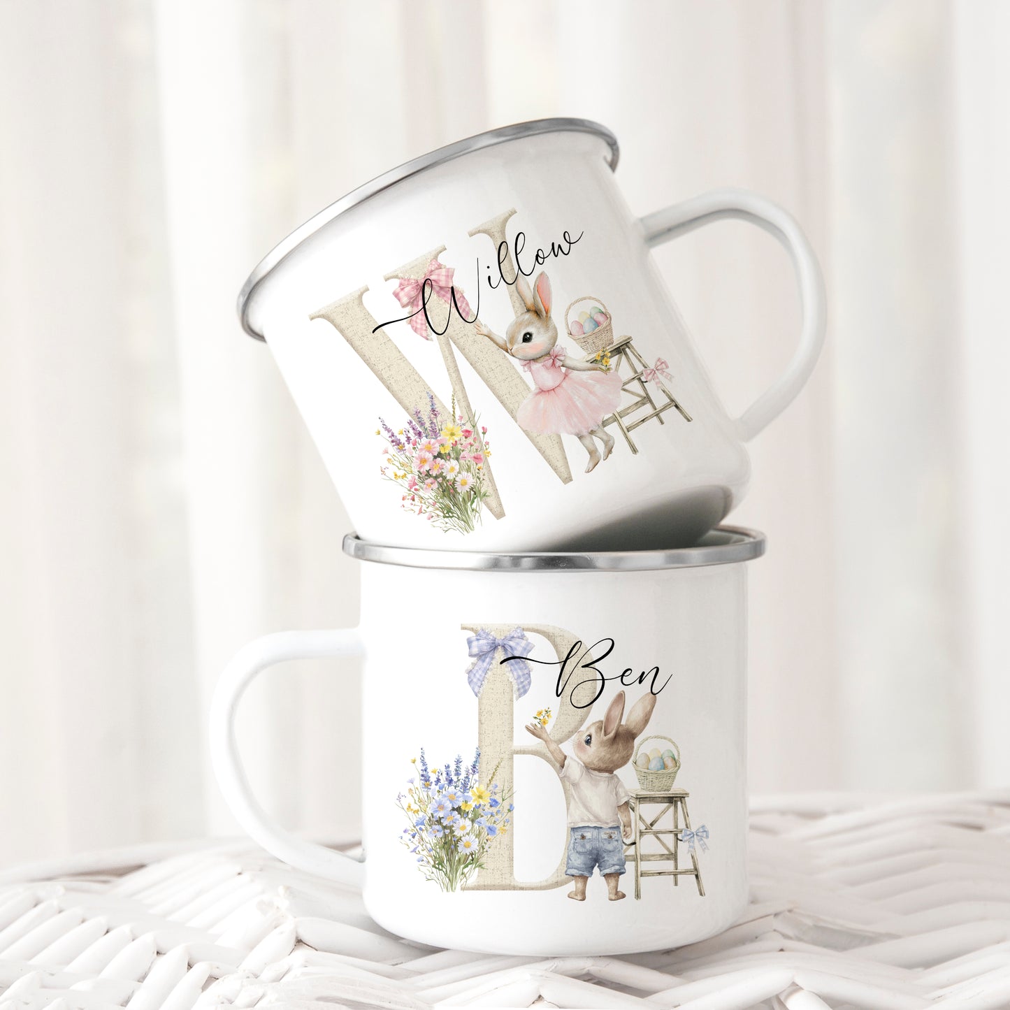 Get into the Easter spirit with our adorable Easter Bunny mug!
This charming mug is personalised with a cute pink or blue bunny and a name of your choice.
Choose between a ceramic, enamel or a sippy cup for the perfect touch.
Makes a delightful gift from the Easter Bunny.