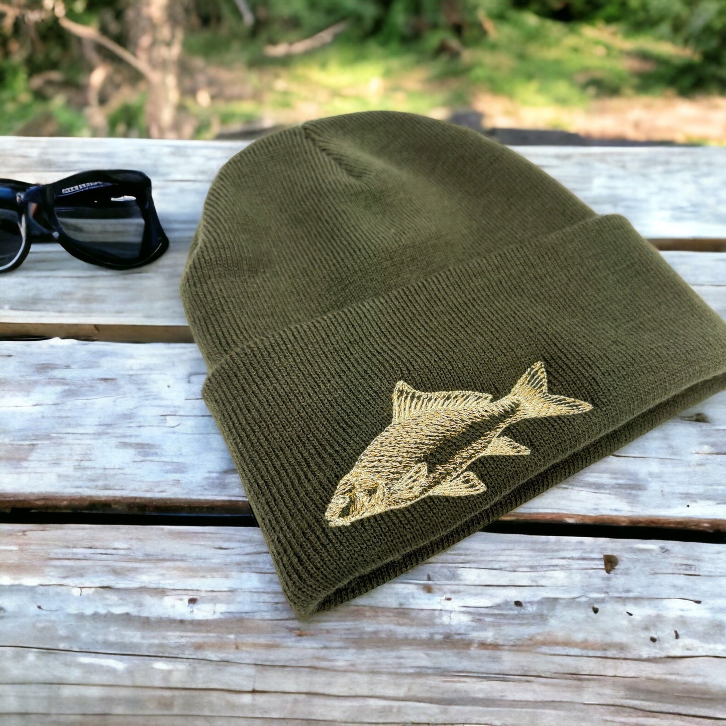 Carp Embroidered Khaki Fishing Beanie or Pompom Hat - Ideal for outdoor adventures of angling and fishing