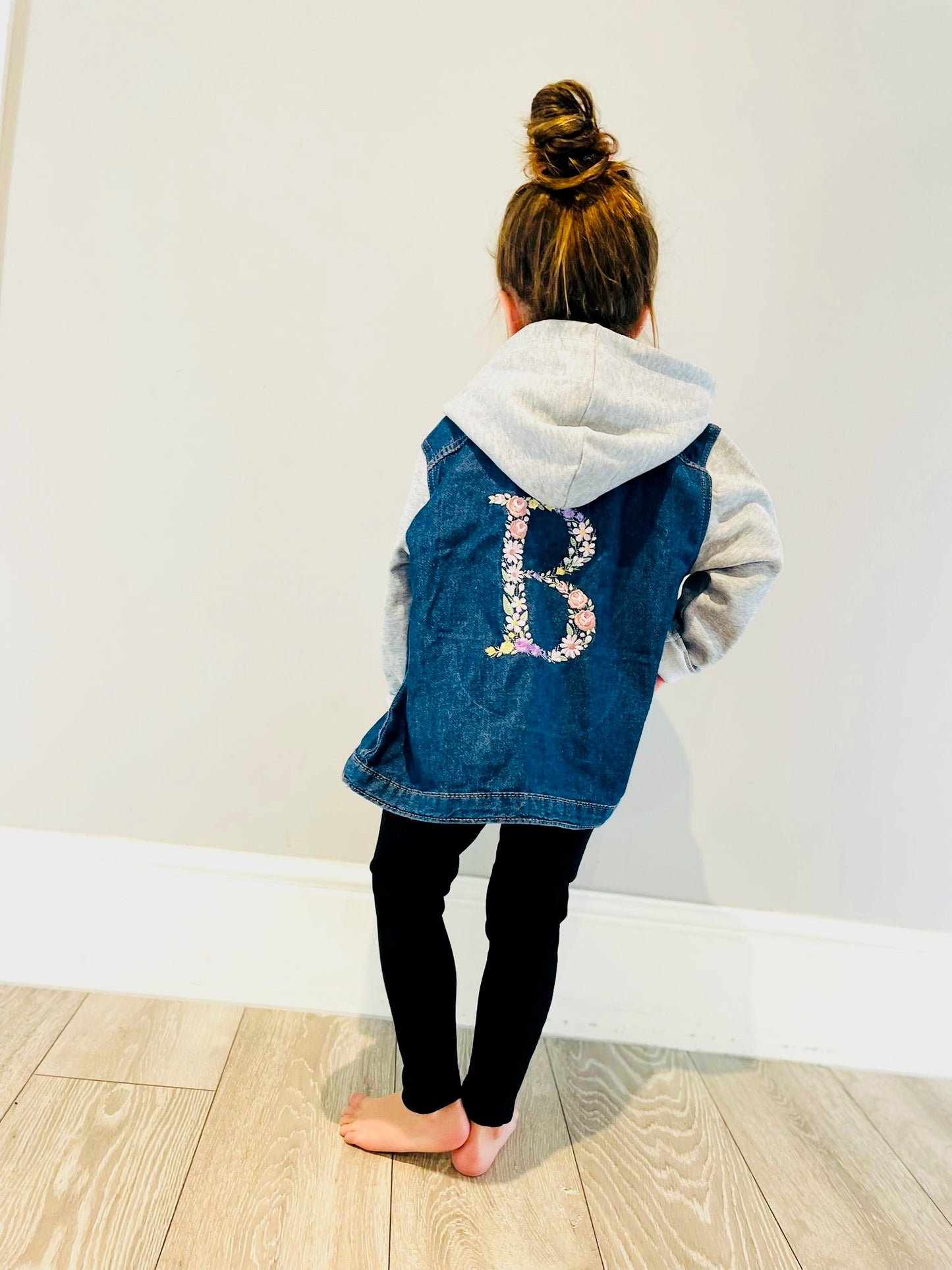Trendy Girls Denim Jacket with Embroidered Floral Alphabet - Button Closure, Cotton Sleeves and Hood