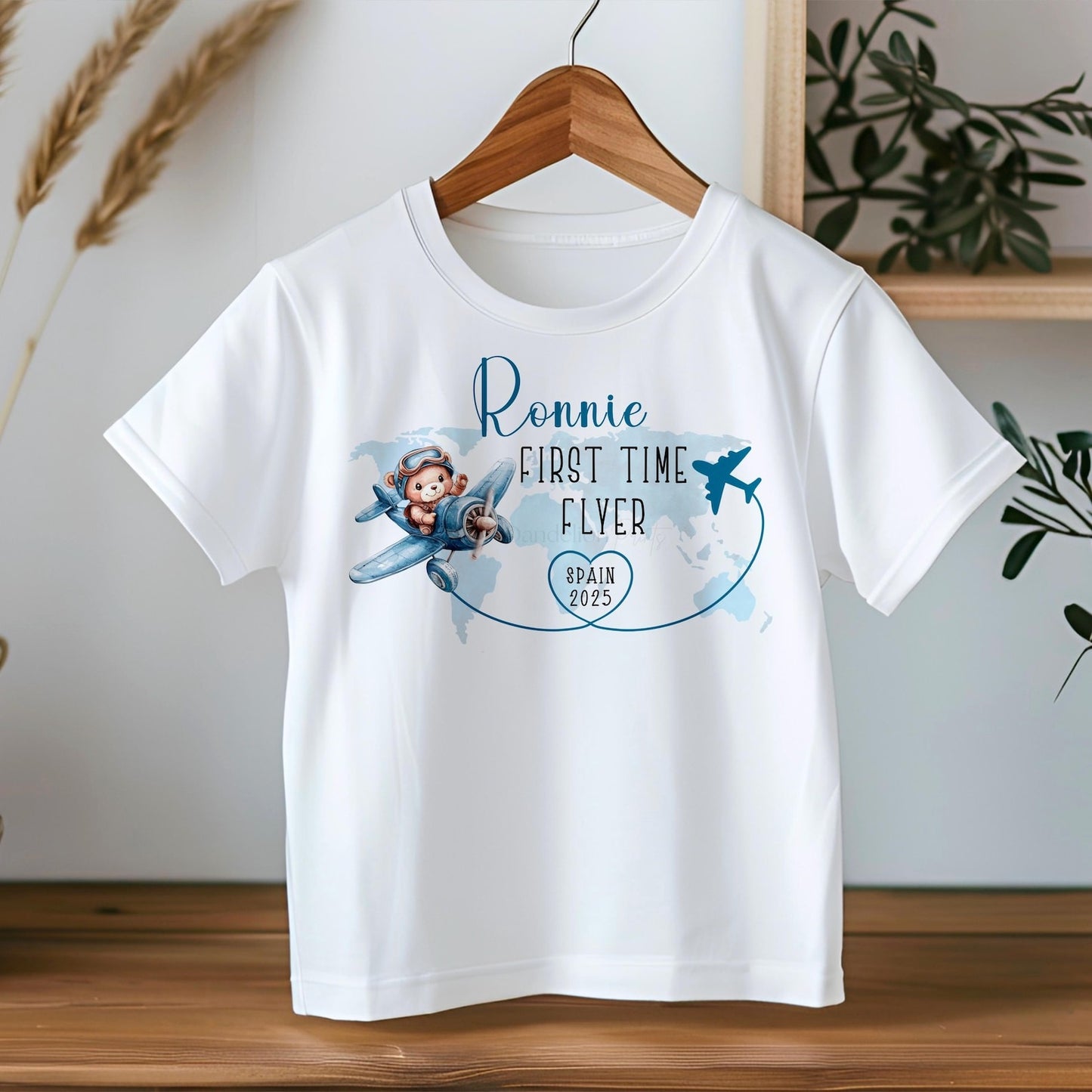 First Time Flyer Personalised Kids T-Shirt, Watercolour Aeroplane Bear Pilot. Pink or Blue.