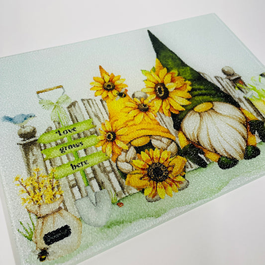 Love Grows Here Gnome Glass Chopping Board