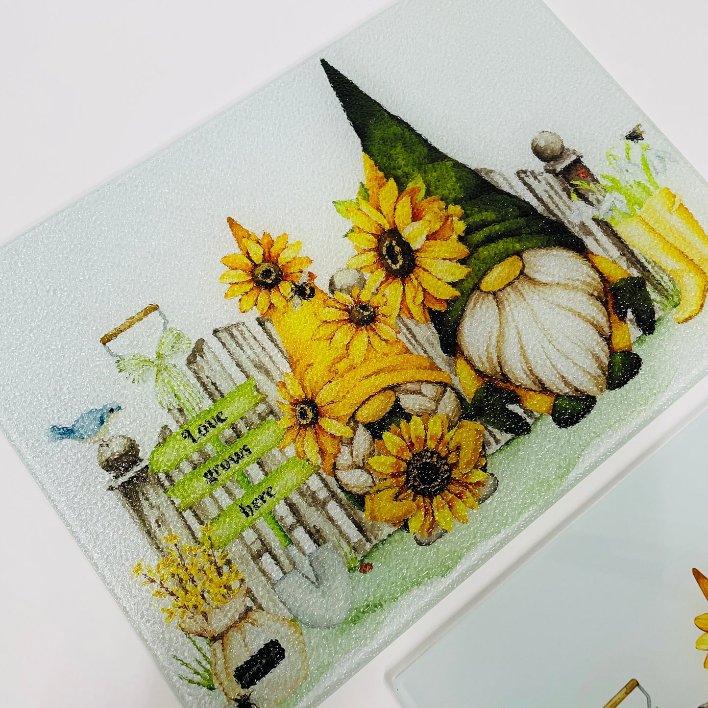 Love Grows Here Gnome Glass Chopping Board