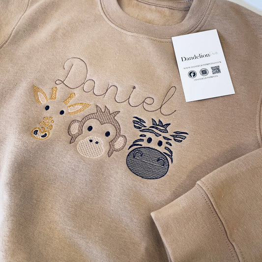 Embroidered Adorable Children's Zoo Animal Personalised Sweater: Monkey, Giraffe, Zebra - Stay Cosy and Stylish!