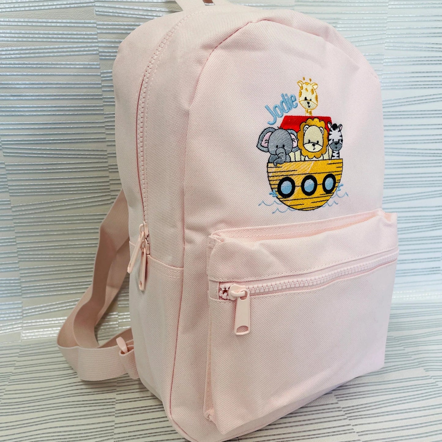 Animal Arc Embroidered, Personalised Backpack with- Zebra, Lion, Elephant, Giraffe Suitable for School or Nursery