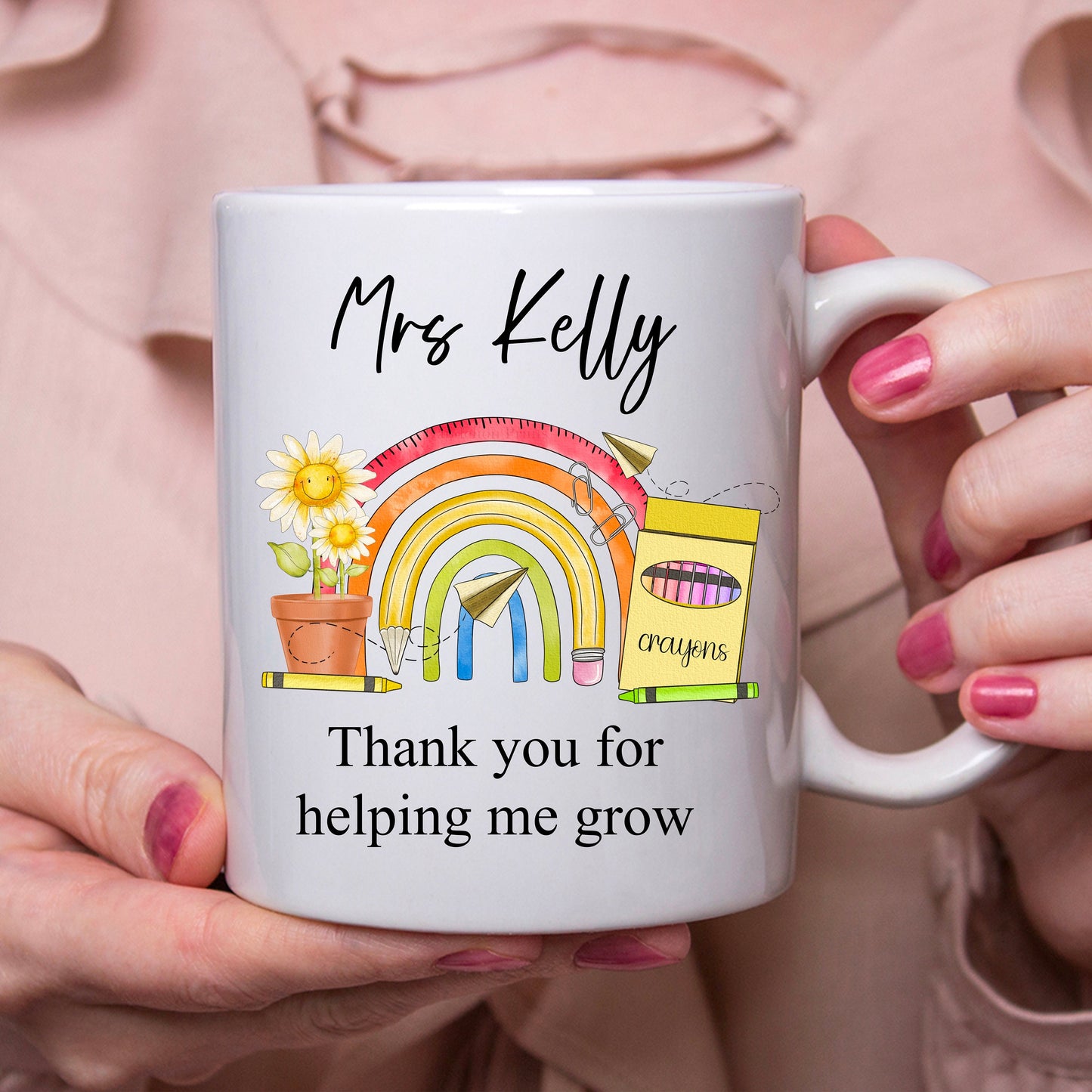 Mug for teacher printed with a bright rainbow. Personalised teacher gift