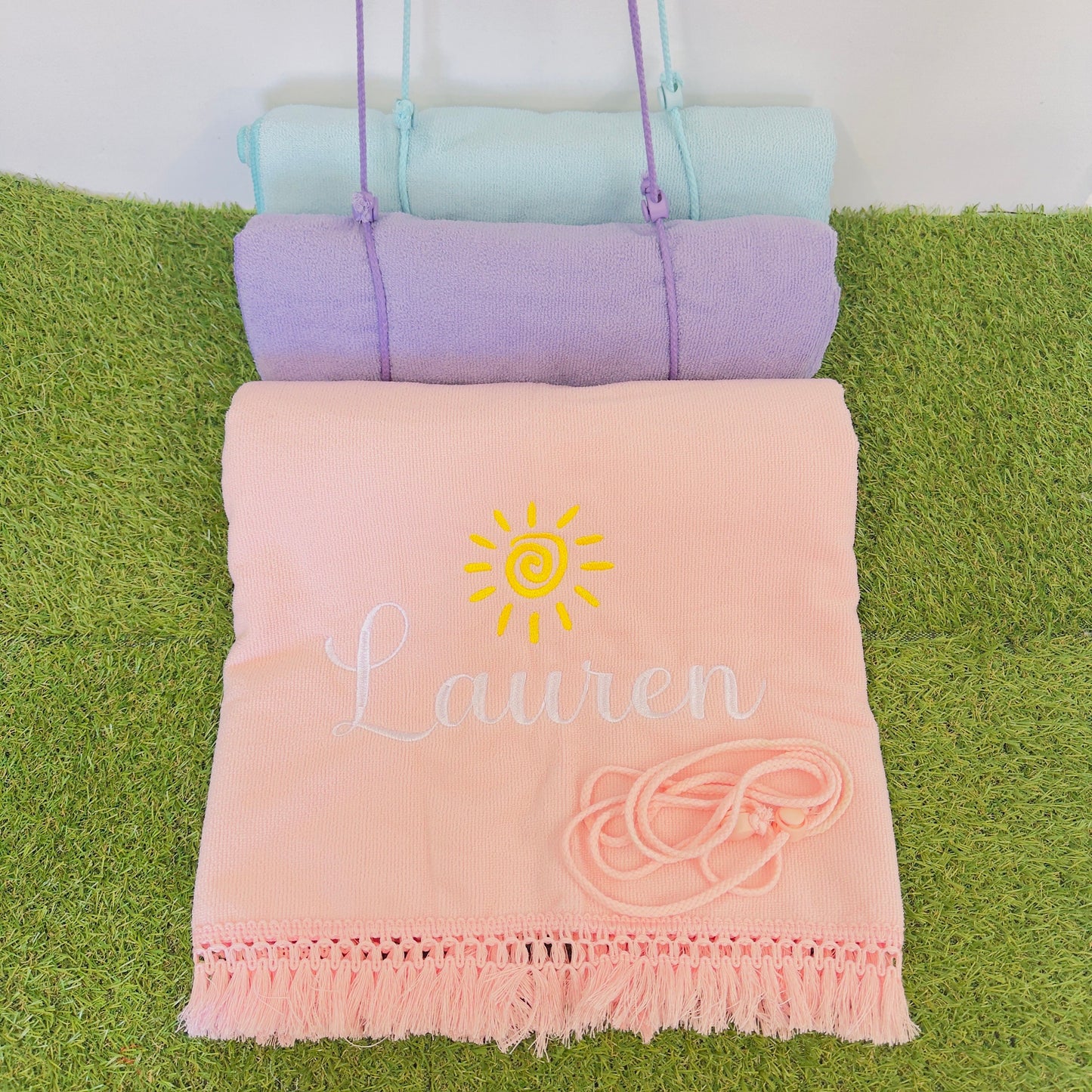 Embroidered Beach Towel with Carry Straps | Personalised Name Towel for Beach, Pool, Picnic.