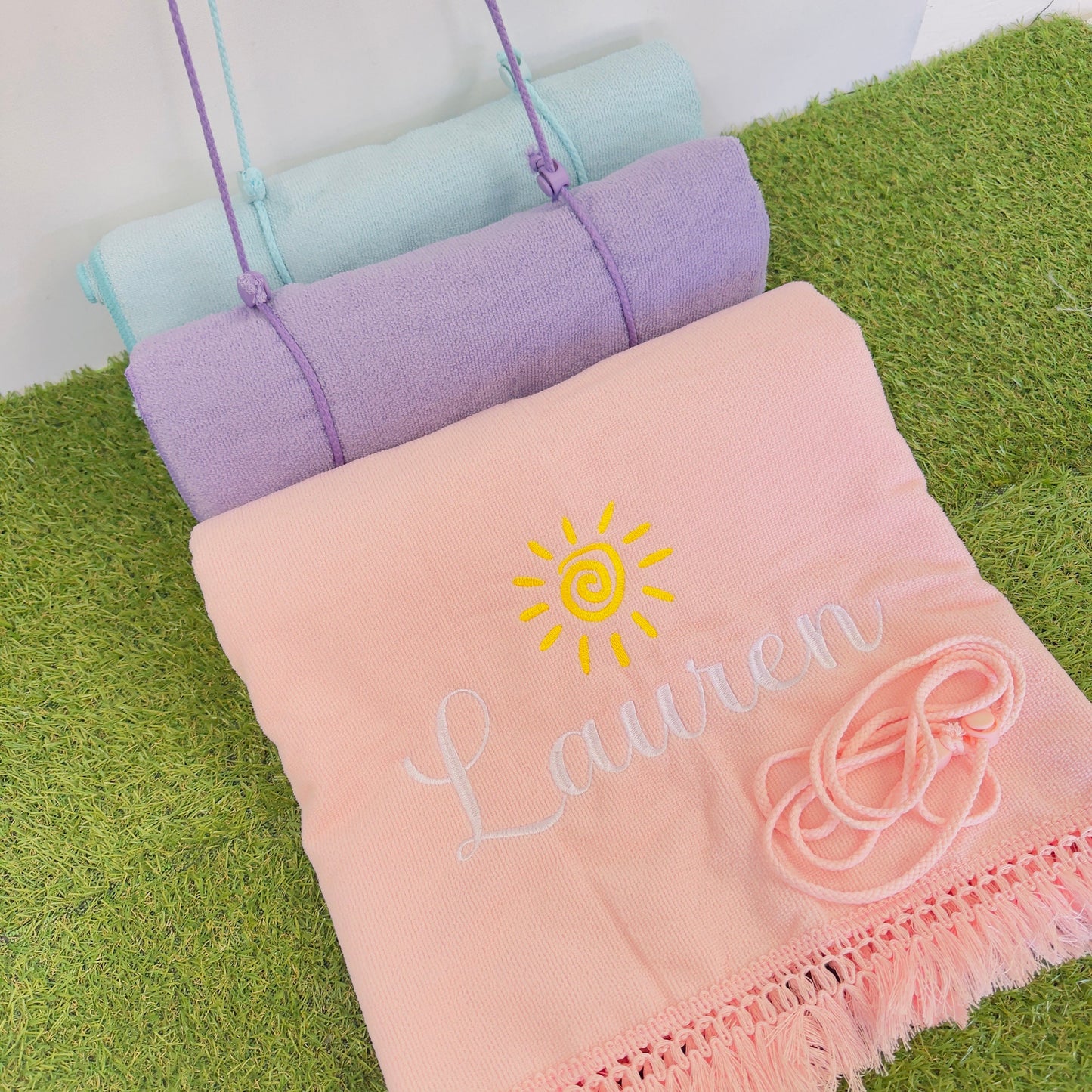 Embroidered Beach Towel with Carry Straps | Personalised Name Towel for Beach, Pool, Picnic.