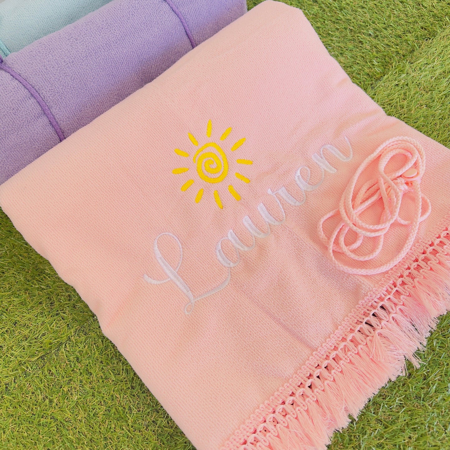 Embroidered Beach Towel with Carry Straps | Personalised Name Towel for Beach, Pool, Picnic.