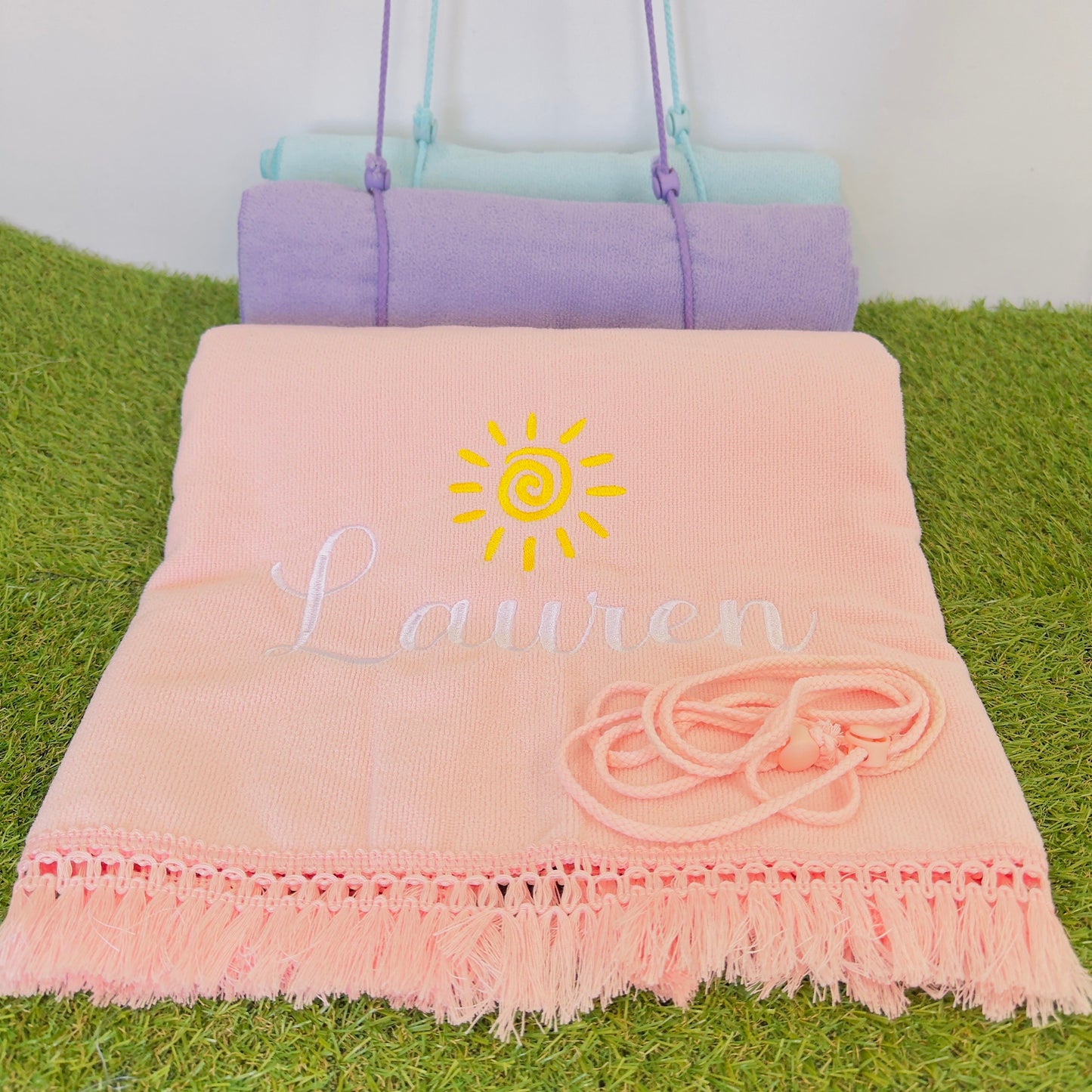 Embroidered Beach Towel with Carry Straps | Personalised Name Towel for Beach, Pool, Picnic.